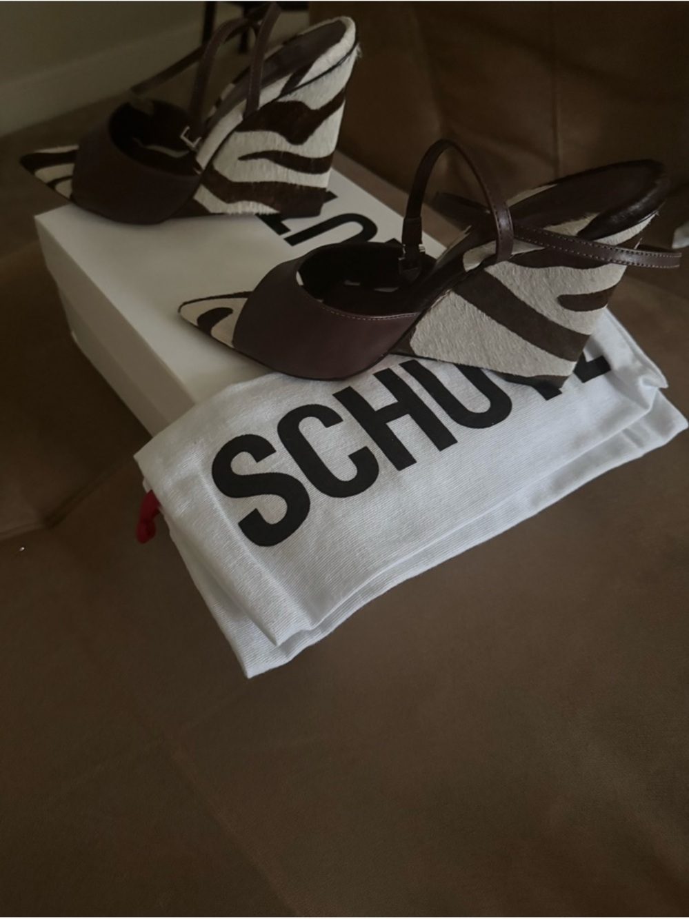 SCHUTZ Brown and White Zebra Haircalf Wedge Sandals